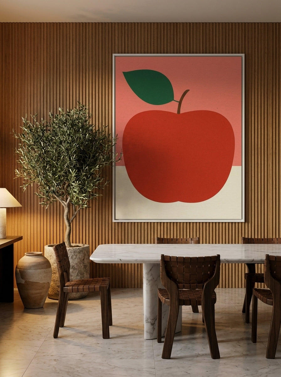 Oversized statement canvas wall art with a white surround styled on the wall in a luxe dining room