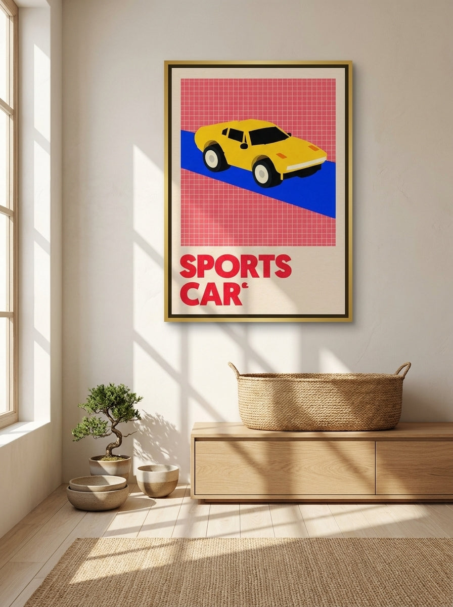 Canvas wall art with a gold leaf surround styled on the wall in a warm Japandi nursery