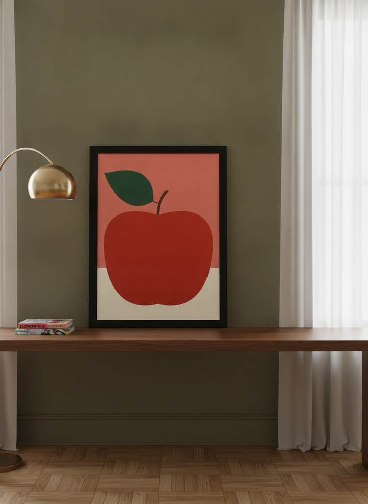 Modern wall art print standing on a kitchen bench in a mid-century kitchen