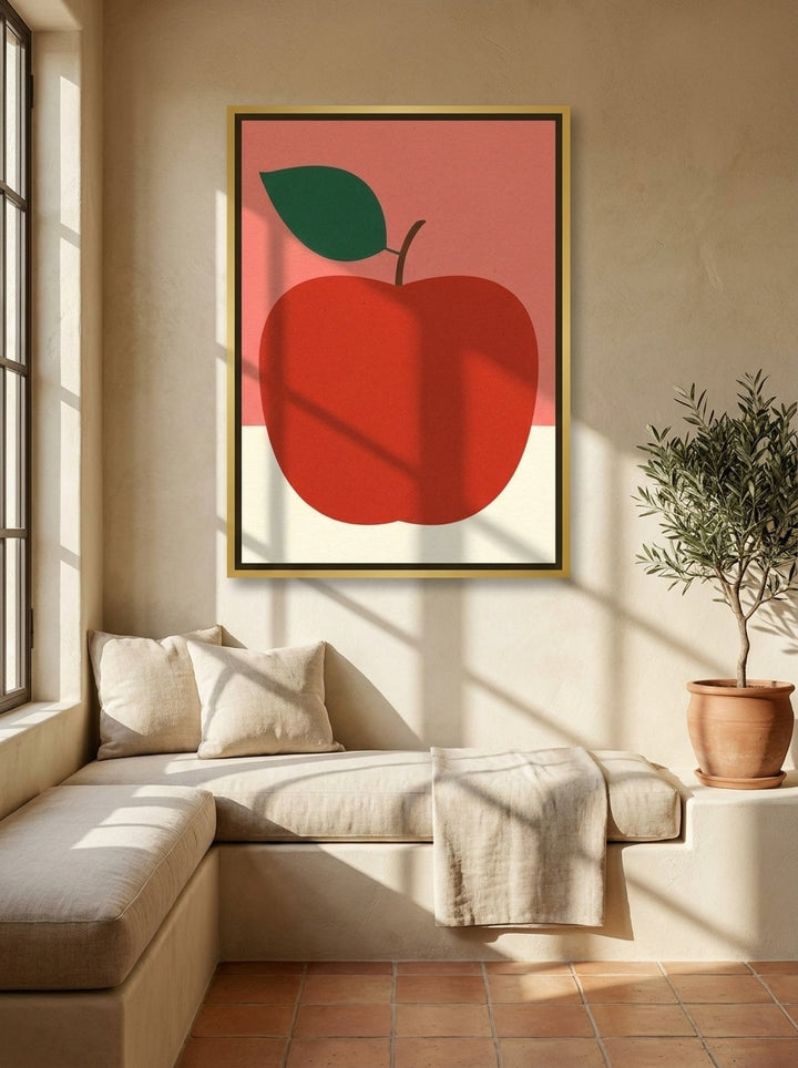 Canvas wall art with a gold leaf surround styled on the wall in a Mediterranean living room