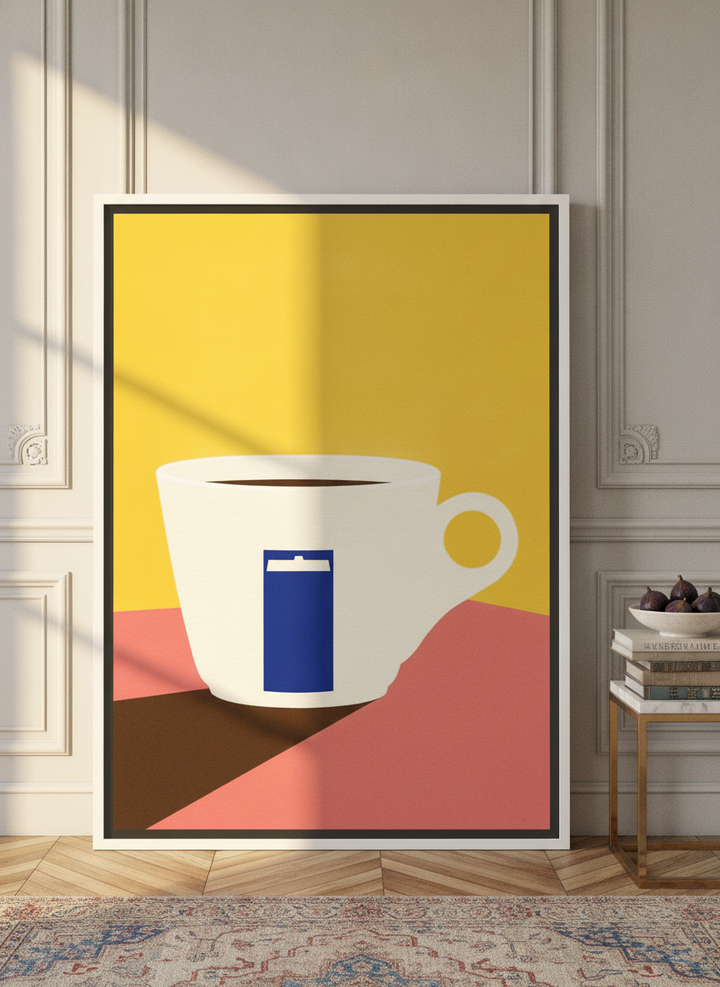Oversized statement canvas wall art with a white surround leaning against the wall in a Parisian dining room