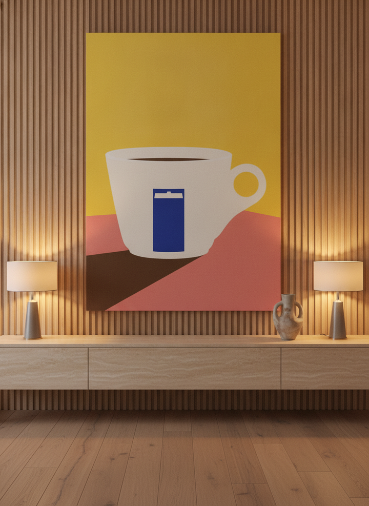 Stretched canvas wall art standing on a console in a luxe living room