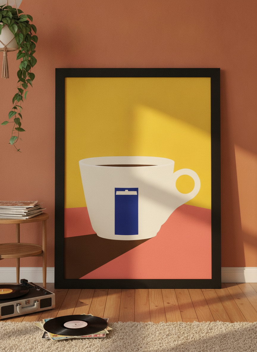 Oversized statement modern wall art print leaning against the wall in a retro 70s dining room