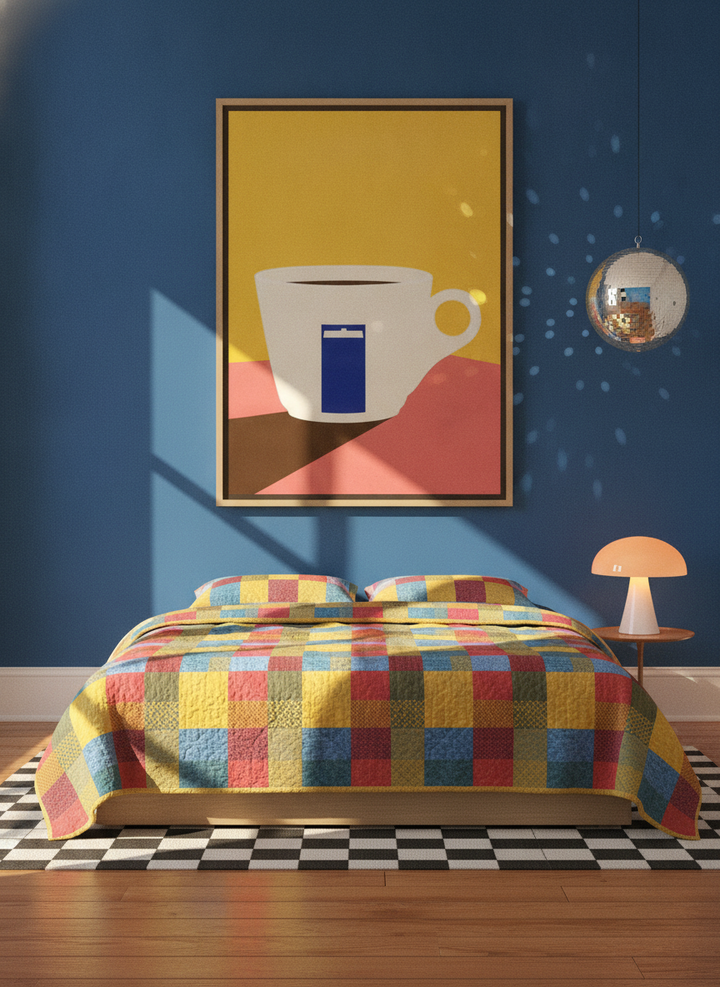 Oversized statement canvas wall art with a natural timber surround styled on the wall in a colourful eclectic bedroom