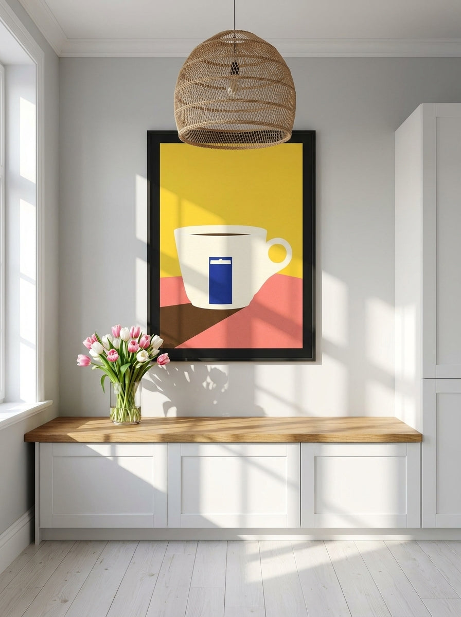 Modern wall art print styled on the wall in a bright Scandinavian kitchen