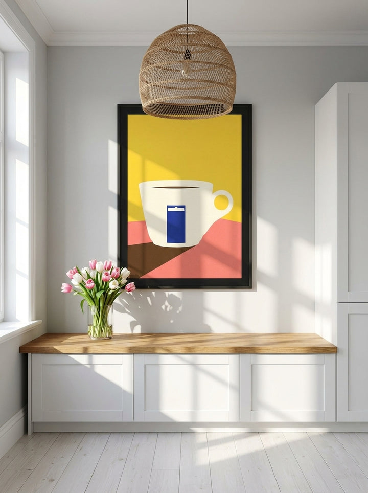 Modern wall art print styled on the wall in a bright Scandinavian kitchen
