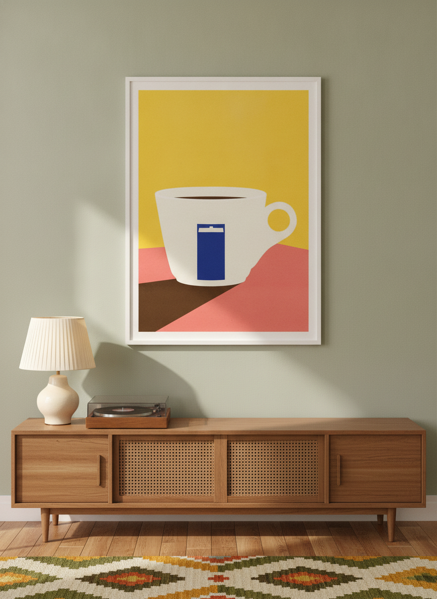 Modern wall art print styled on the wall in a mid-century living room