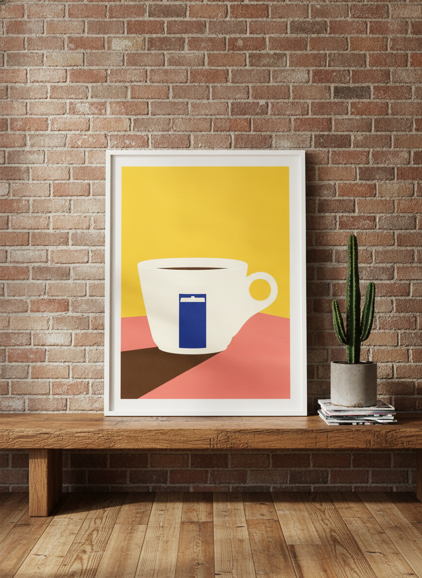 Modern wall art print standing on a bench in an industrial loft dining room
