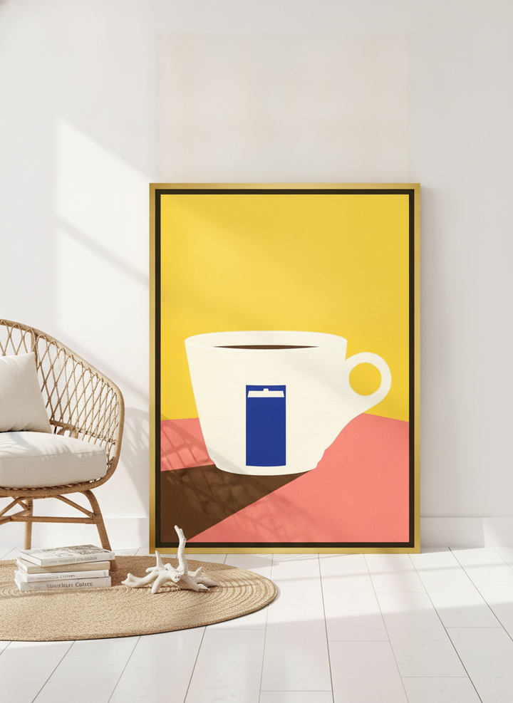 Canvas wall art with a gold leaf surround leaning against the wall in a coastal living room
