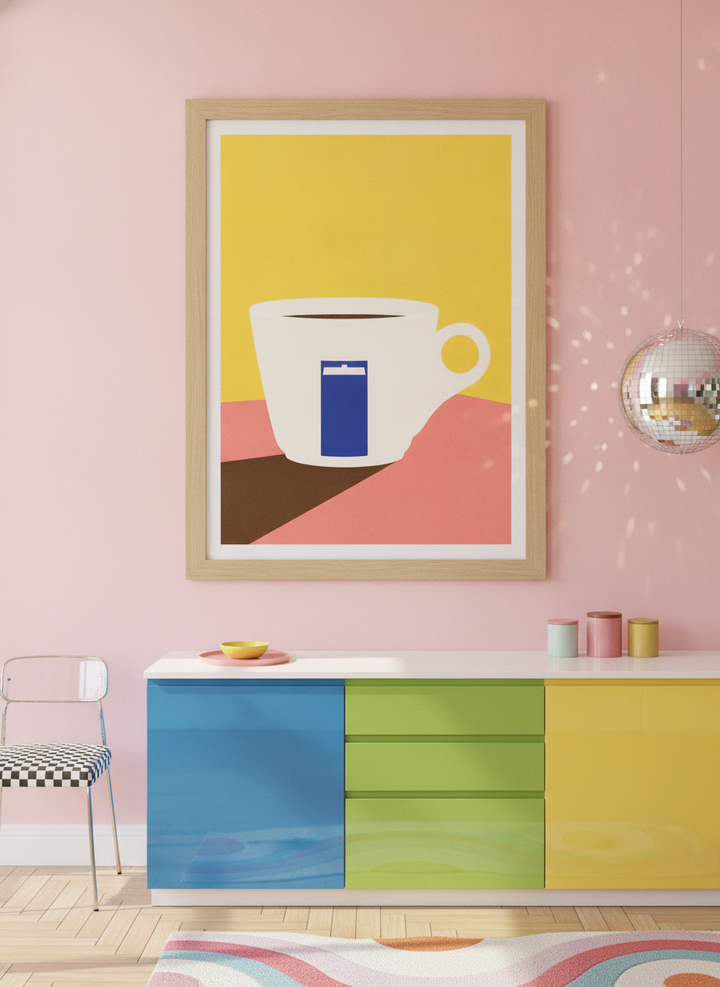 Modern wall art print styled on the wall in a colourful eclectic kitchen