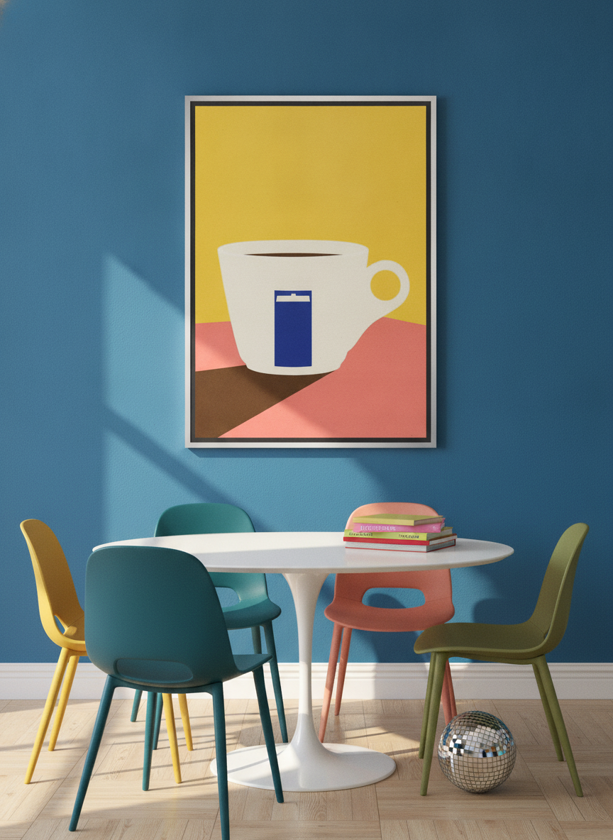 Canvas wall art with a silver leaf surround styled on the wall in a colourful eclectic dining room
