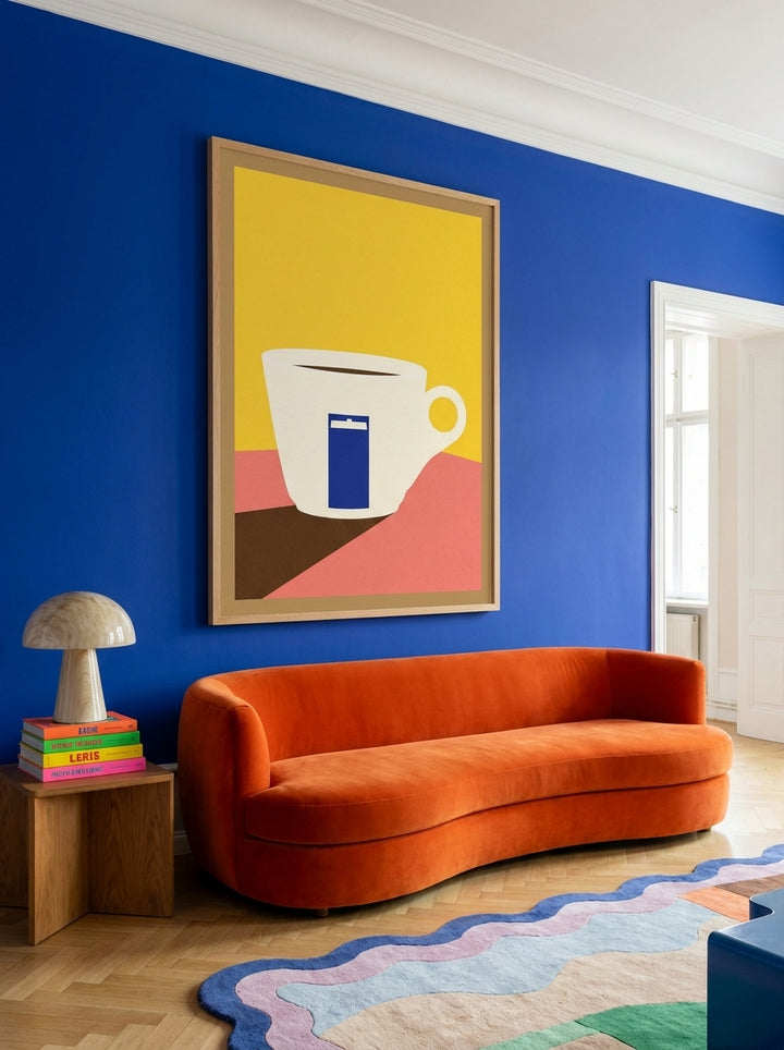 Oversized statement modern wall art print styled on the wall in a colourful eclectic living room