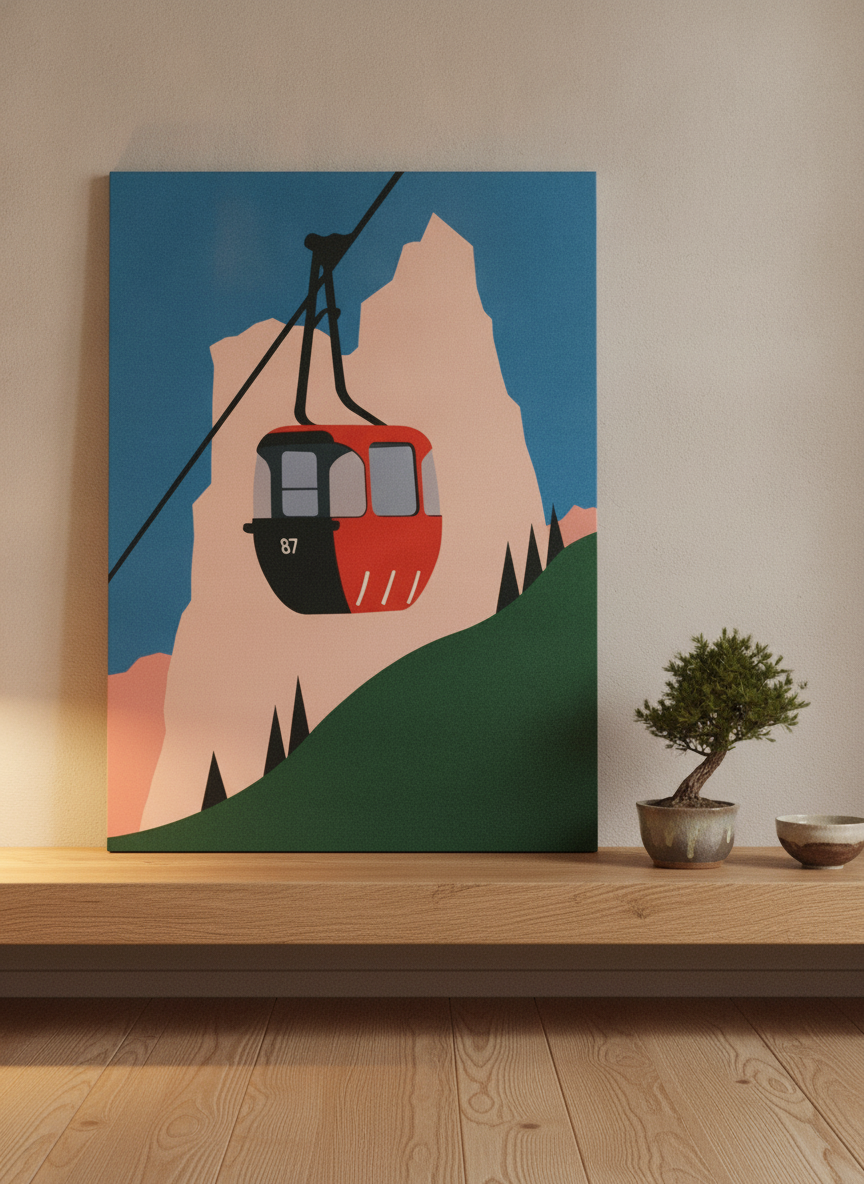 Stretched canvas wall art standing on a shelf in a warm Japandi living room