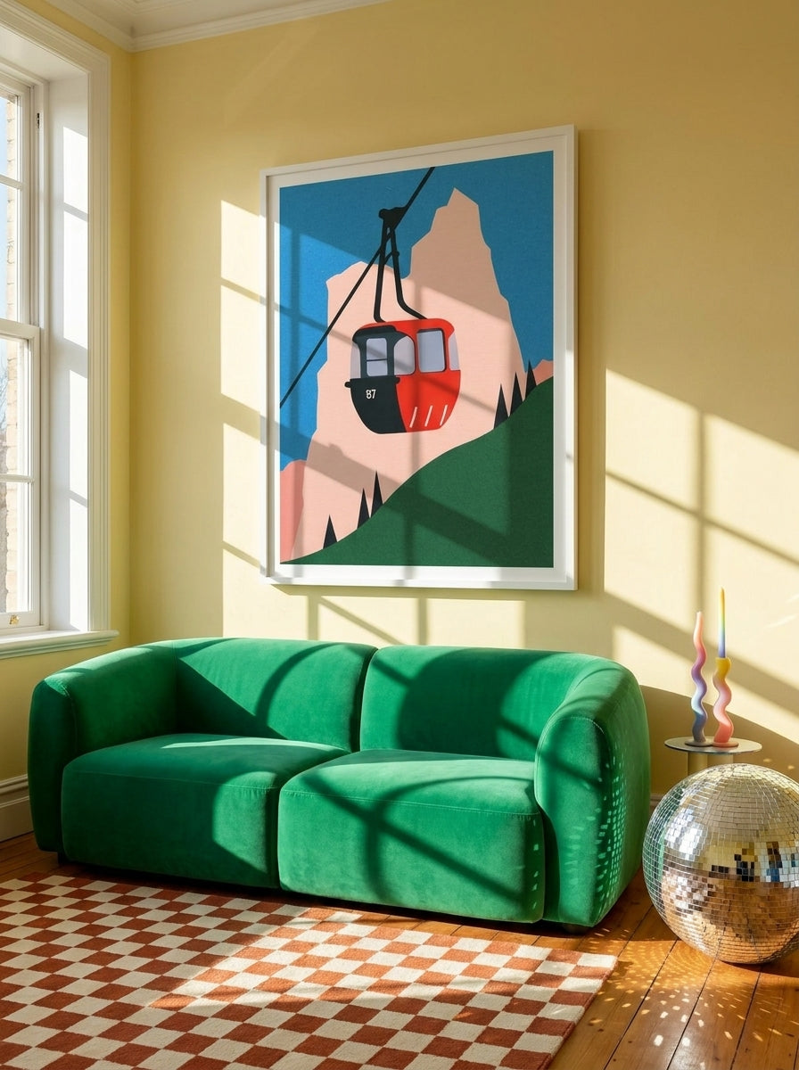 Oversized statement modern wall art print styled on the wall in a colourful eclectic living room