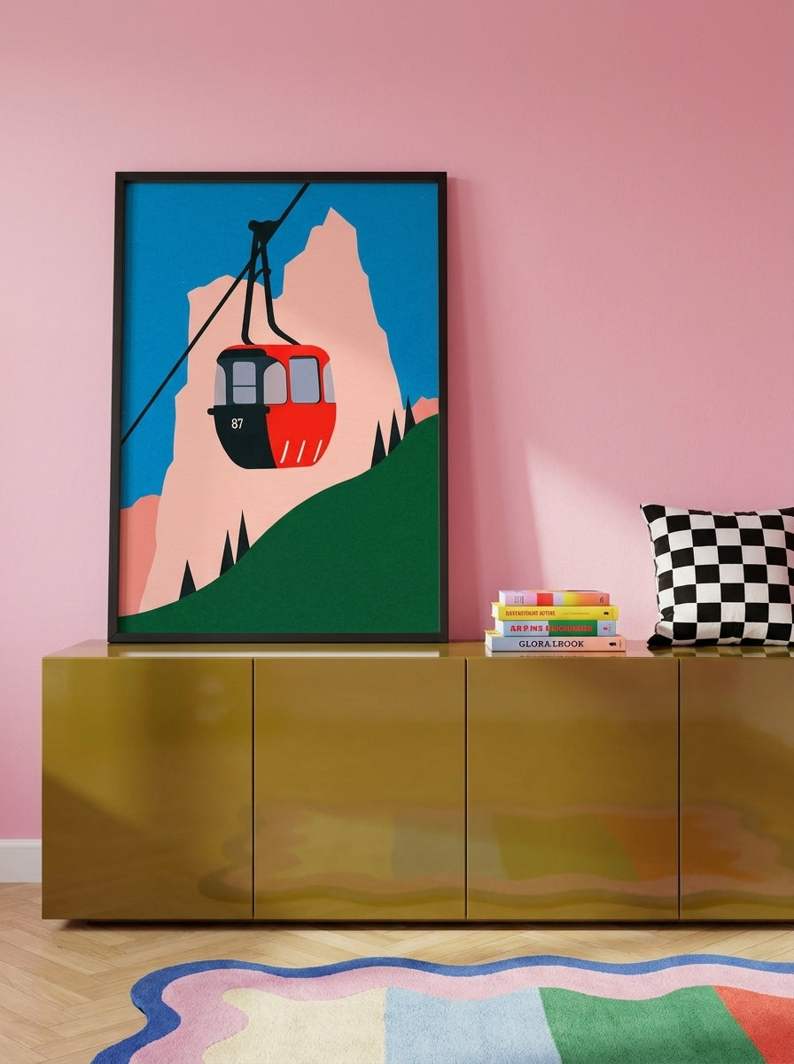 Modern wall art print standing on a sideboard in a colourful eclectic home office