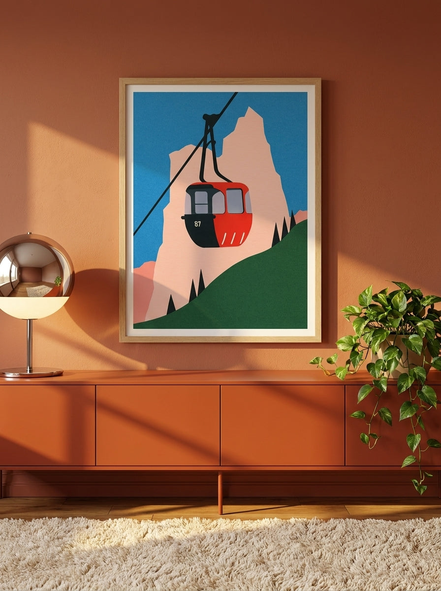 Modern wall art print styled on the wall in a retro 70s living room