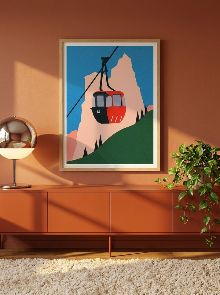 Modern wall art print styled on the wall in a retro 70s living room