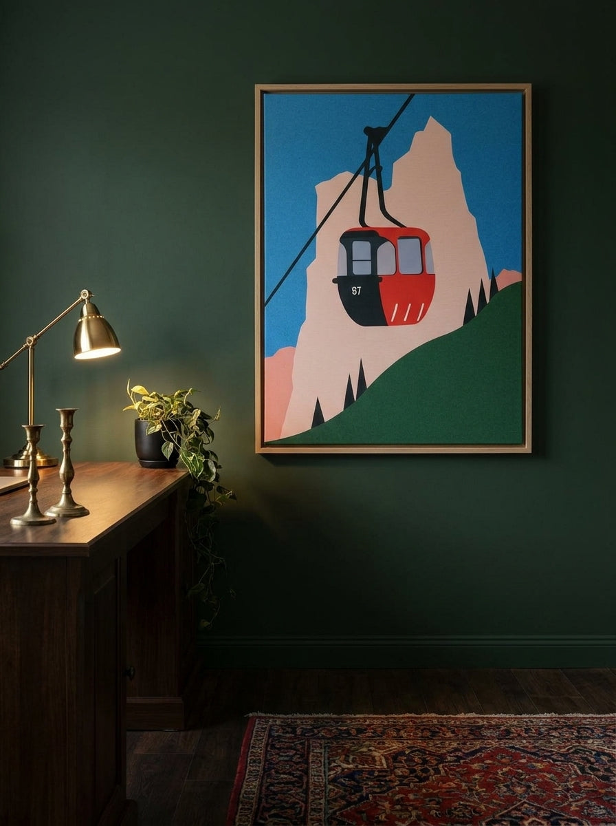 Canvas wall art with a natural timber surround styled on the wall in a moody home office