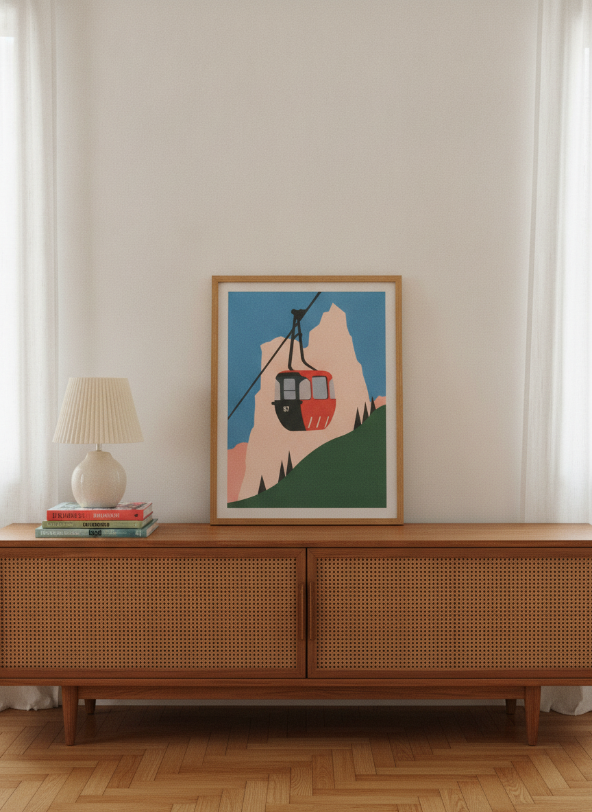 Modern wall art print standing on a sideboard in a mid-century bedroom