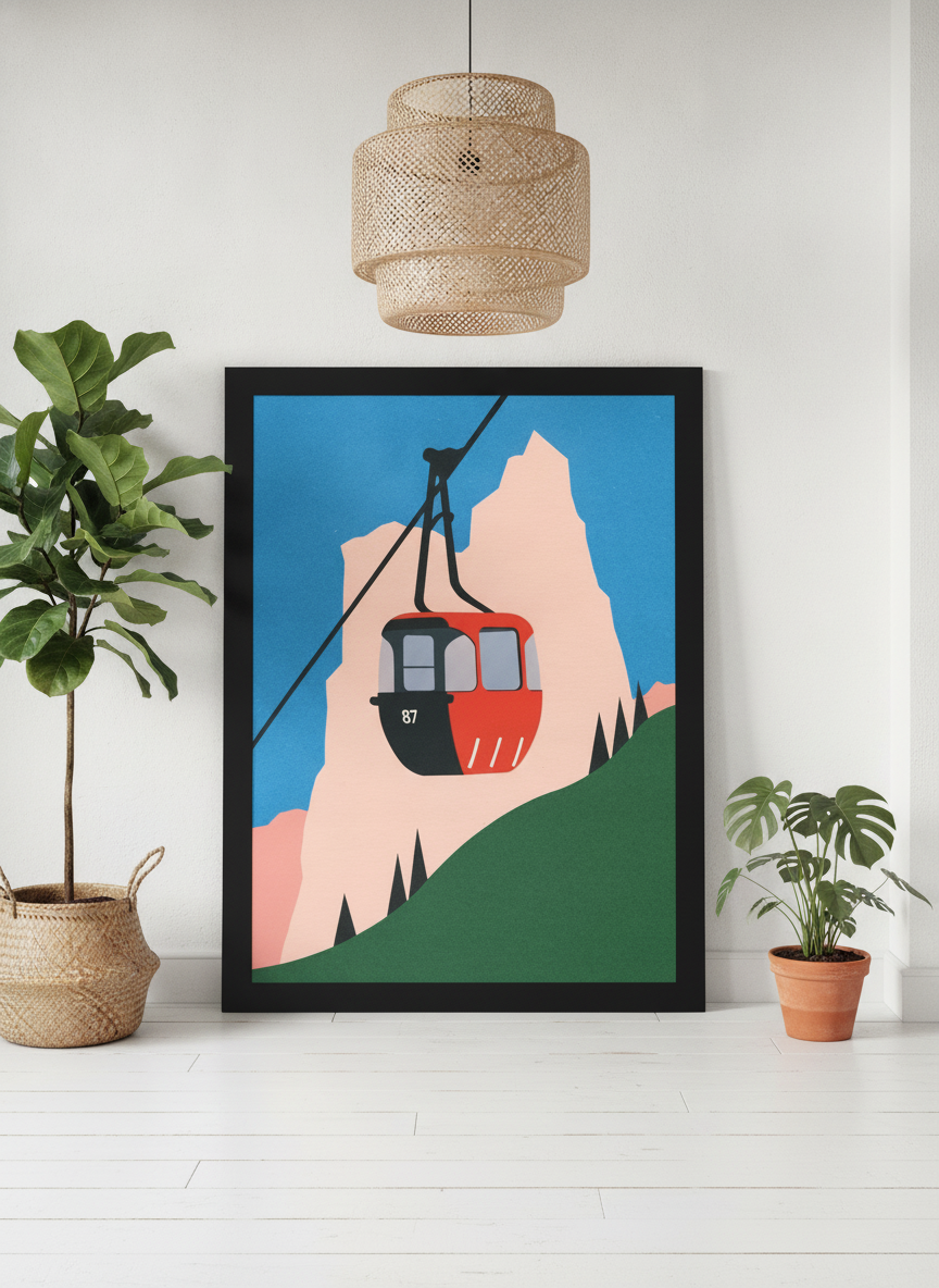 Oversized statement modern wall art print leaning against the wall in a bright Scandinavian dining room