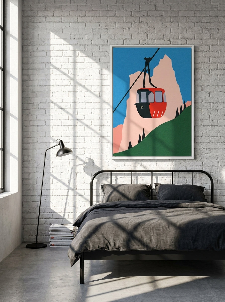 Canvas wall art with a white surround styled on the wall in an industrial loft bedroom