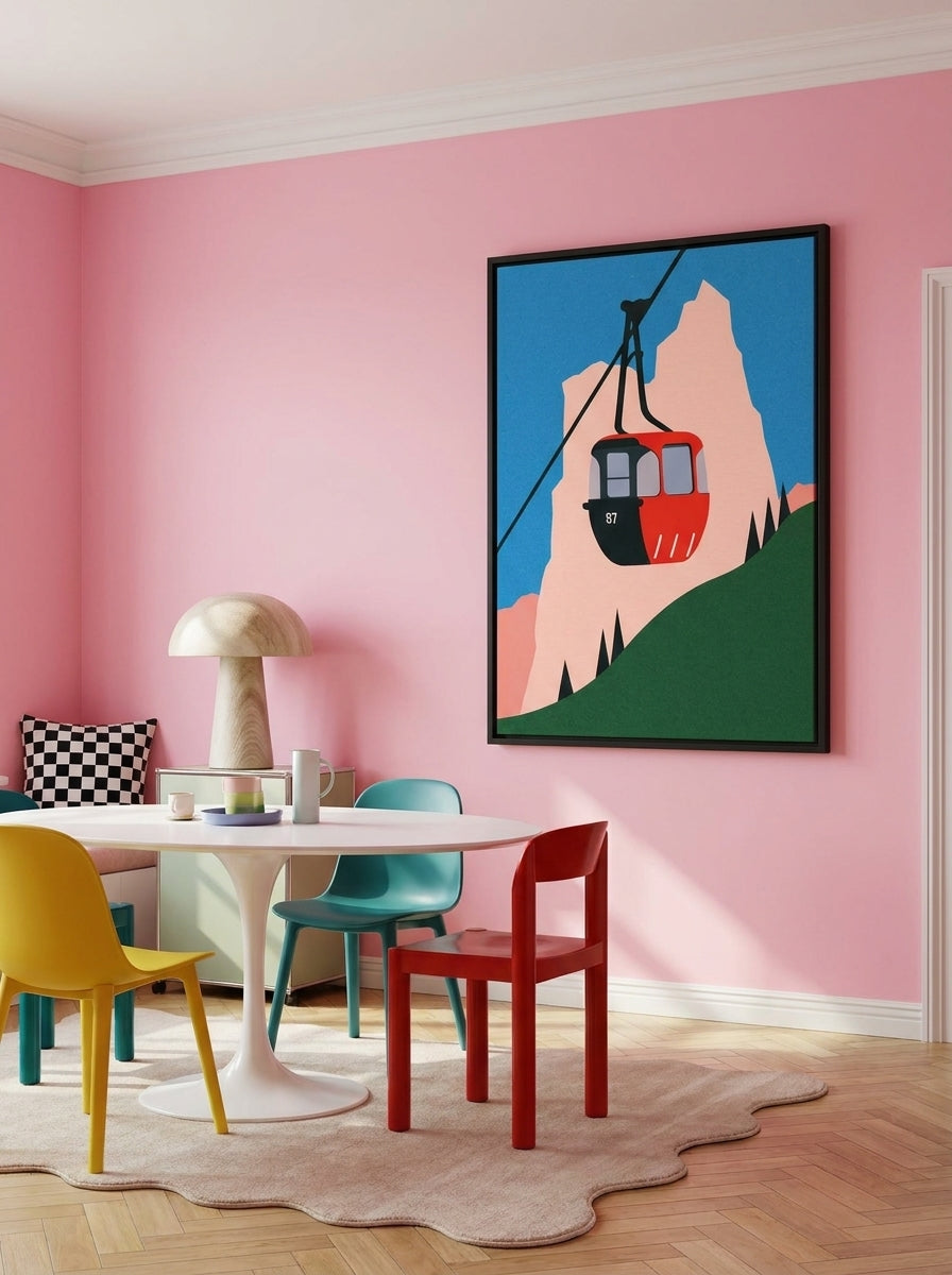 Oversized statement canvas wall art with a black surround styled on the wall in a colourful eclectic dining room