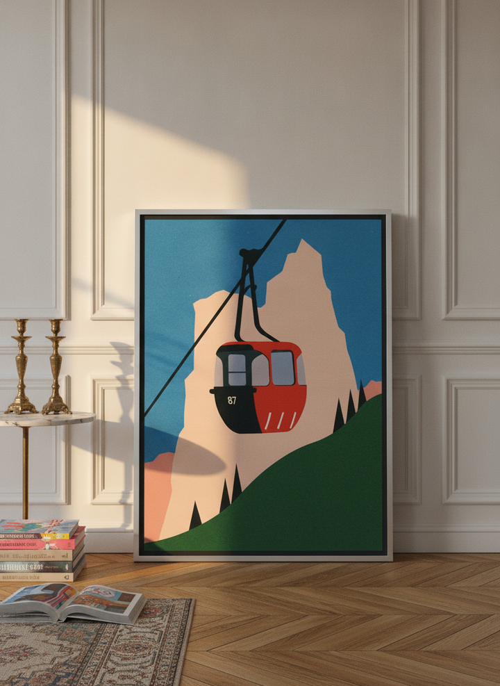 Canvas wall art with a silver leaf surround leaning against the wall in a Parisian kitchen