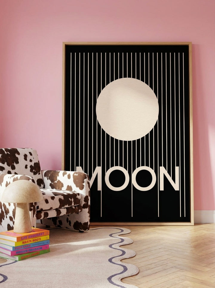 Oversized statement canvas wall art with a natural timber surround leaning against the wall in a colourful eclectic bedroom