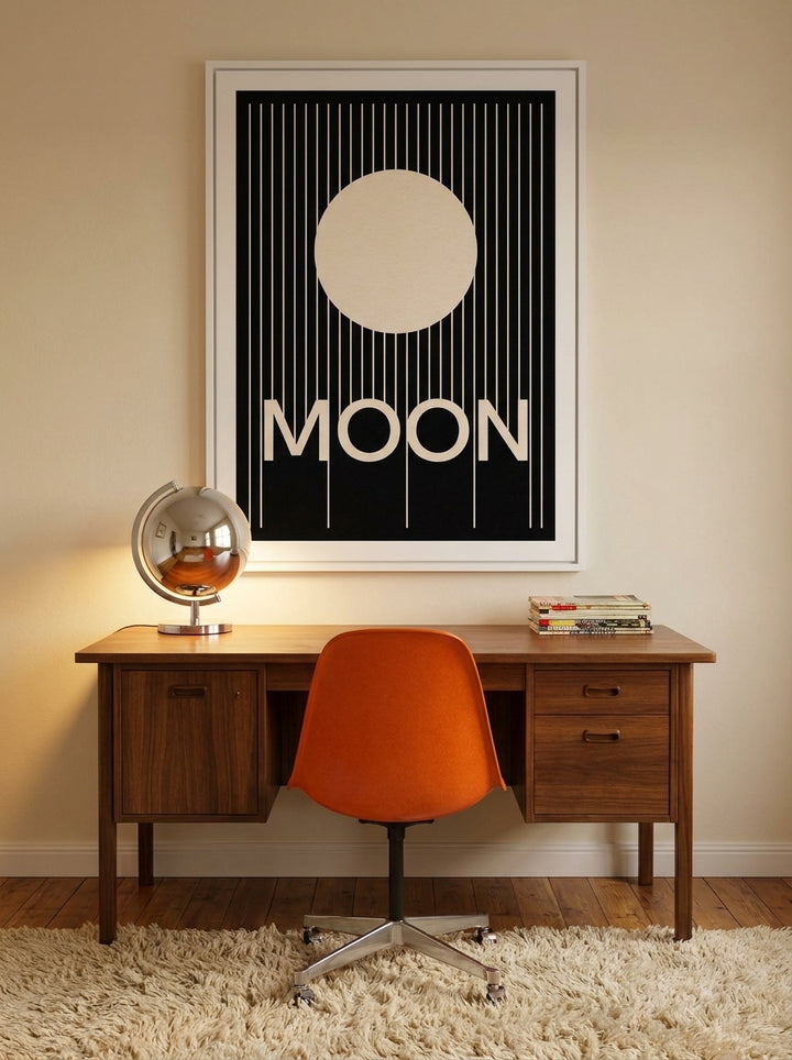 Modern wall art print styled on the wall in a retro 70s home office