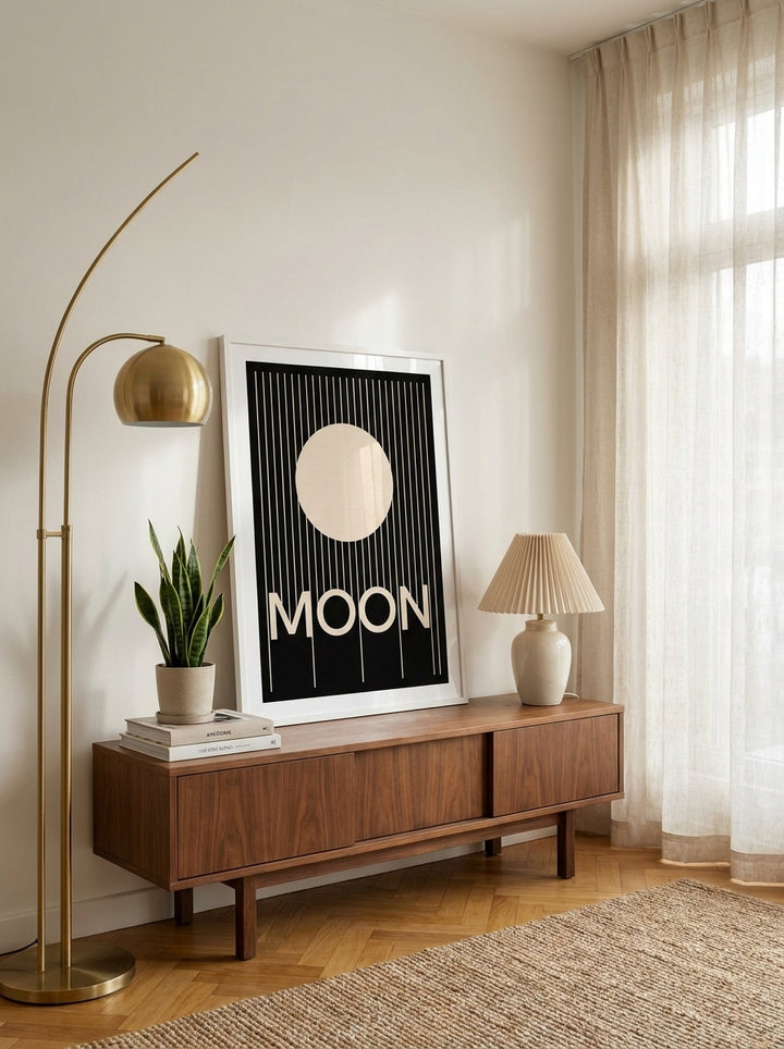 Modern wall art print standing on a sideboard in a mid-century bedroom