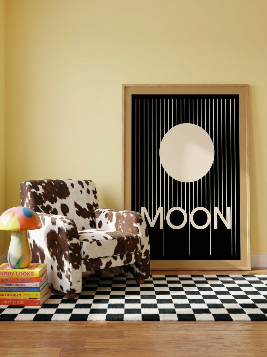 Oversized statement modern wall art print leaning against the wall in a colourful eclectic dining room