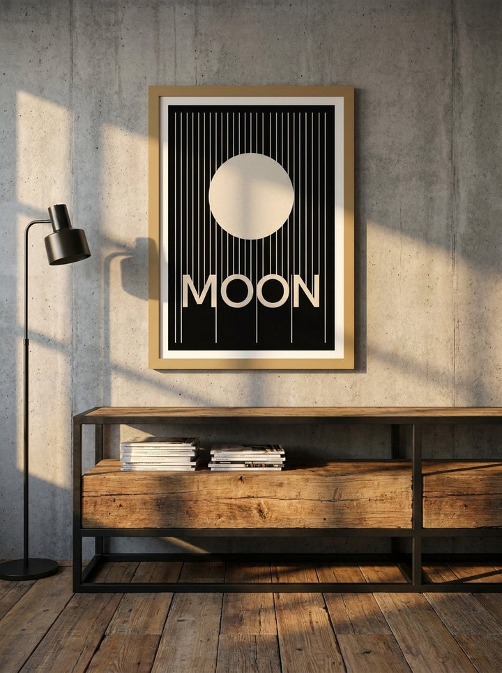 Modern wall art print styled on the wall in an industrial loft living room
