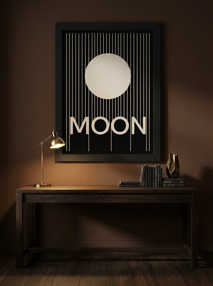 Oversized statement modern wall art print styled on the wall in a moody home office