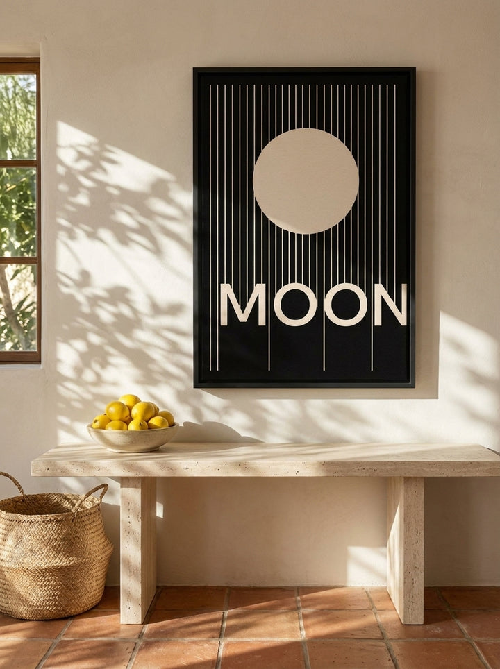 Canvas wall art with a black surround styled on the wall in a Mediterranean living room