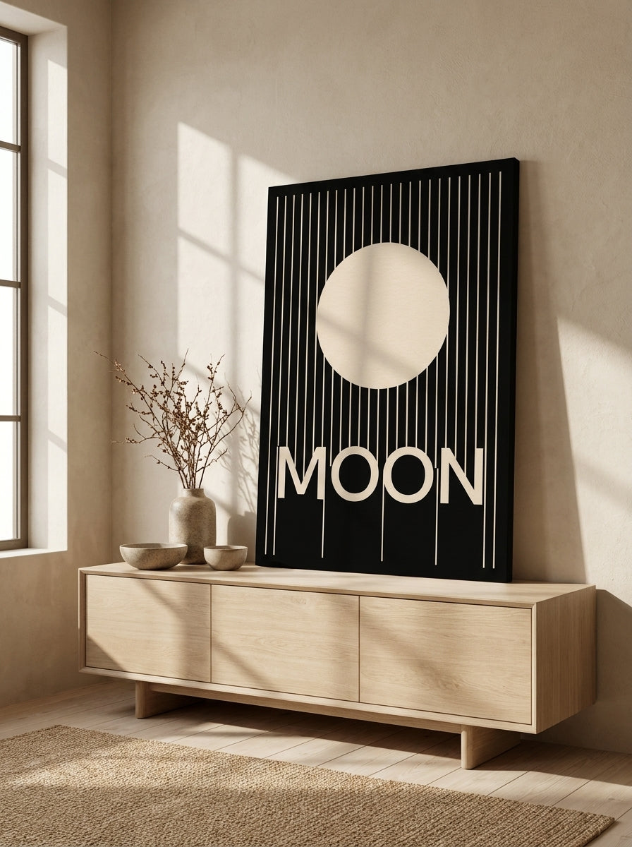 Stretched canvas wall art standing on a sideboard in a warm Japandi bedroom