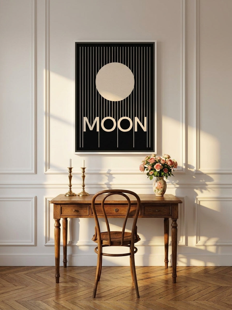 Canvas wall art with a white surround styled on the wall in a Parisian home office