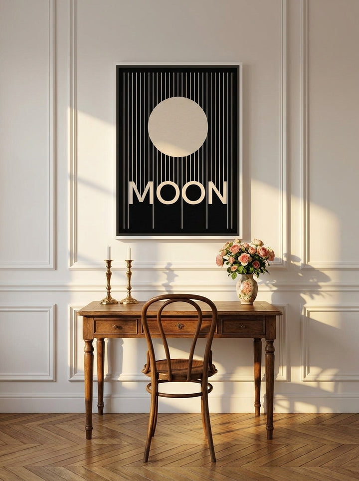 Canvas wall art with a white surround styled on the wall in a Parisian home office