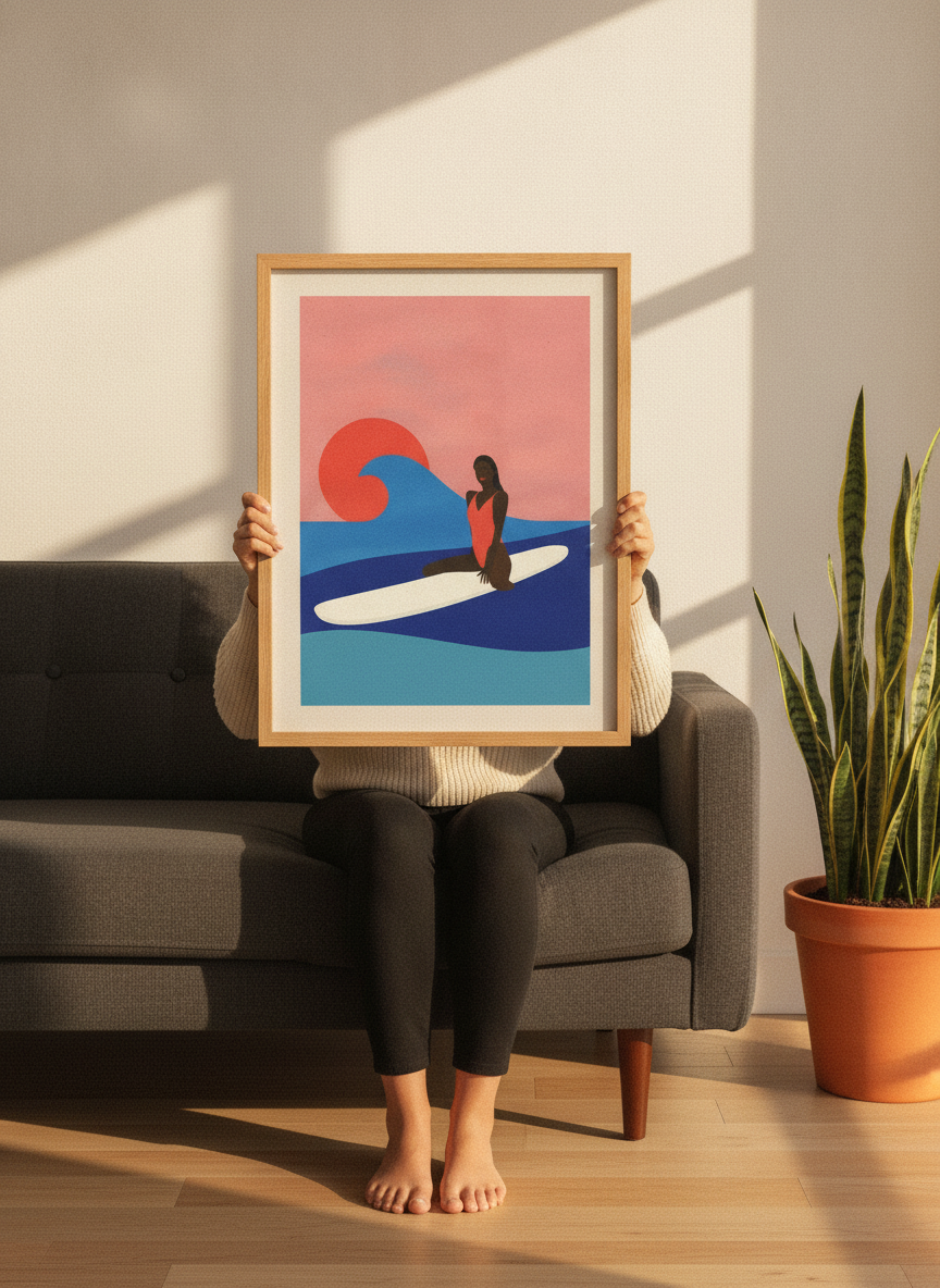 Person holding modern wall art print in a mid-century living room