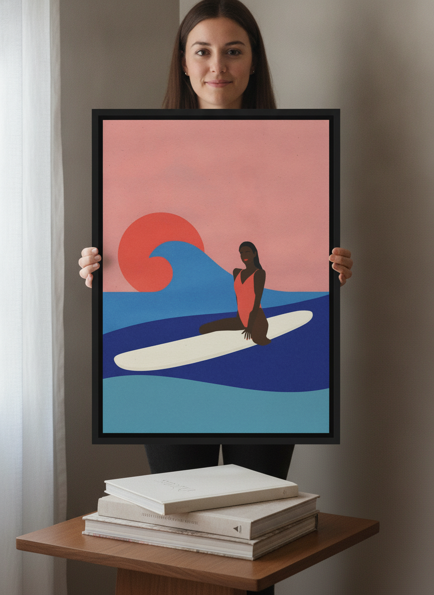 Person holding canvas wall art with a black surround in a luxe living room