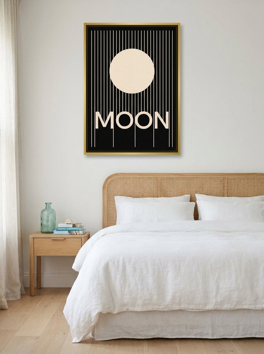 Canvas wall art with a gold leaf surround styled on the wall in a coastal bedroom
