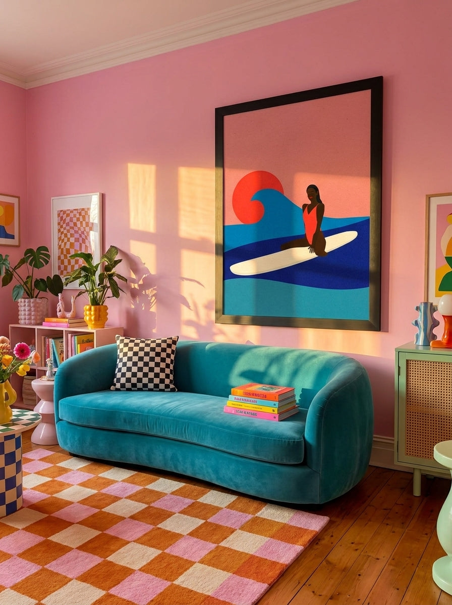 Oversized statement modern wall art print styled on the wall in a colourful eclectic living room