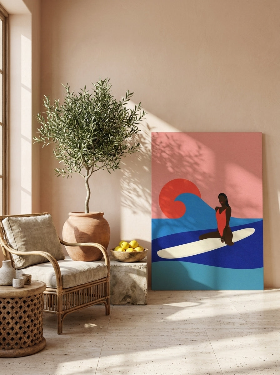 Stretched canvas wall art leaning against the wall in a Mediterranean living room