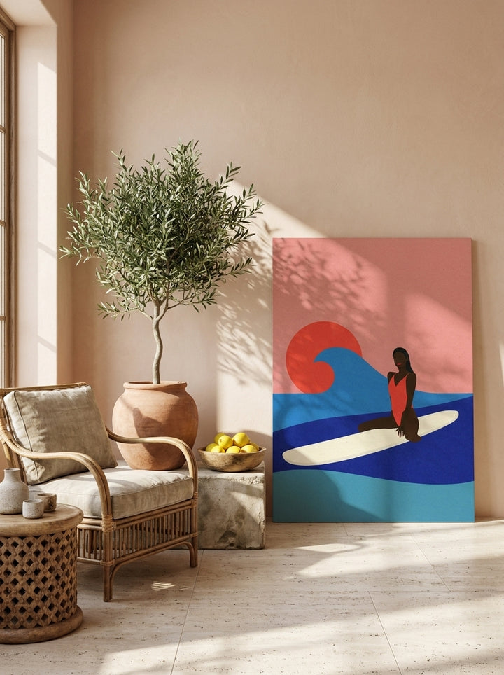 Stretched canvas wall art leaning against the wall in a Mediterranean living room