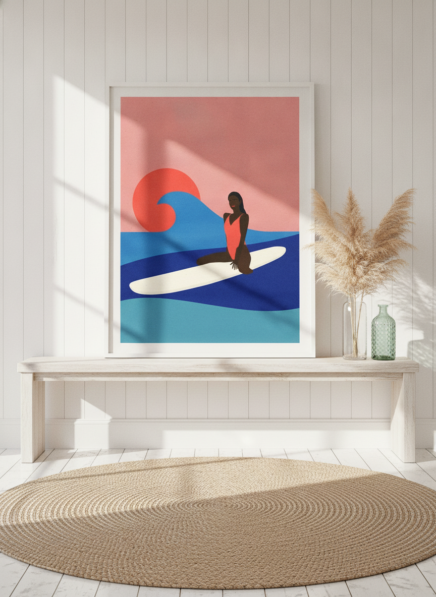 Modern wall art print standing on a console in a coastal living room