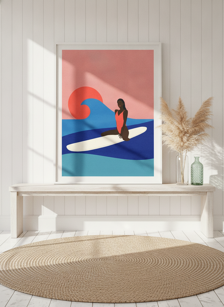 Modern wall art print standing on a console in a coastal living room