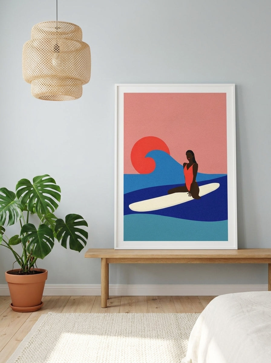 Modern wall art print standing on a bench in a bright Scandinavian bedroom