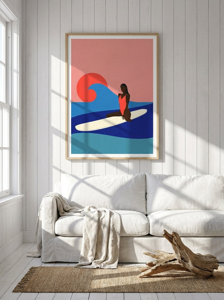 Modern wall art print styled on the wall in a coastal living room