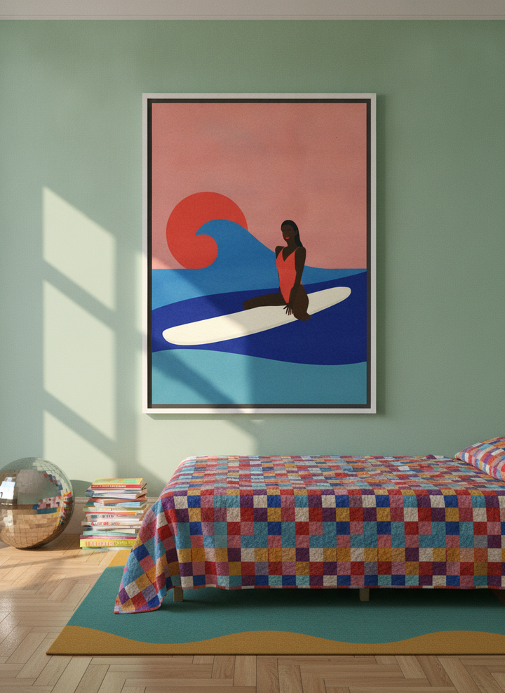 Oversized statement canvas wall art with a white surround styled on the wall in a colourful eclectic bedroom