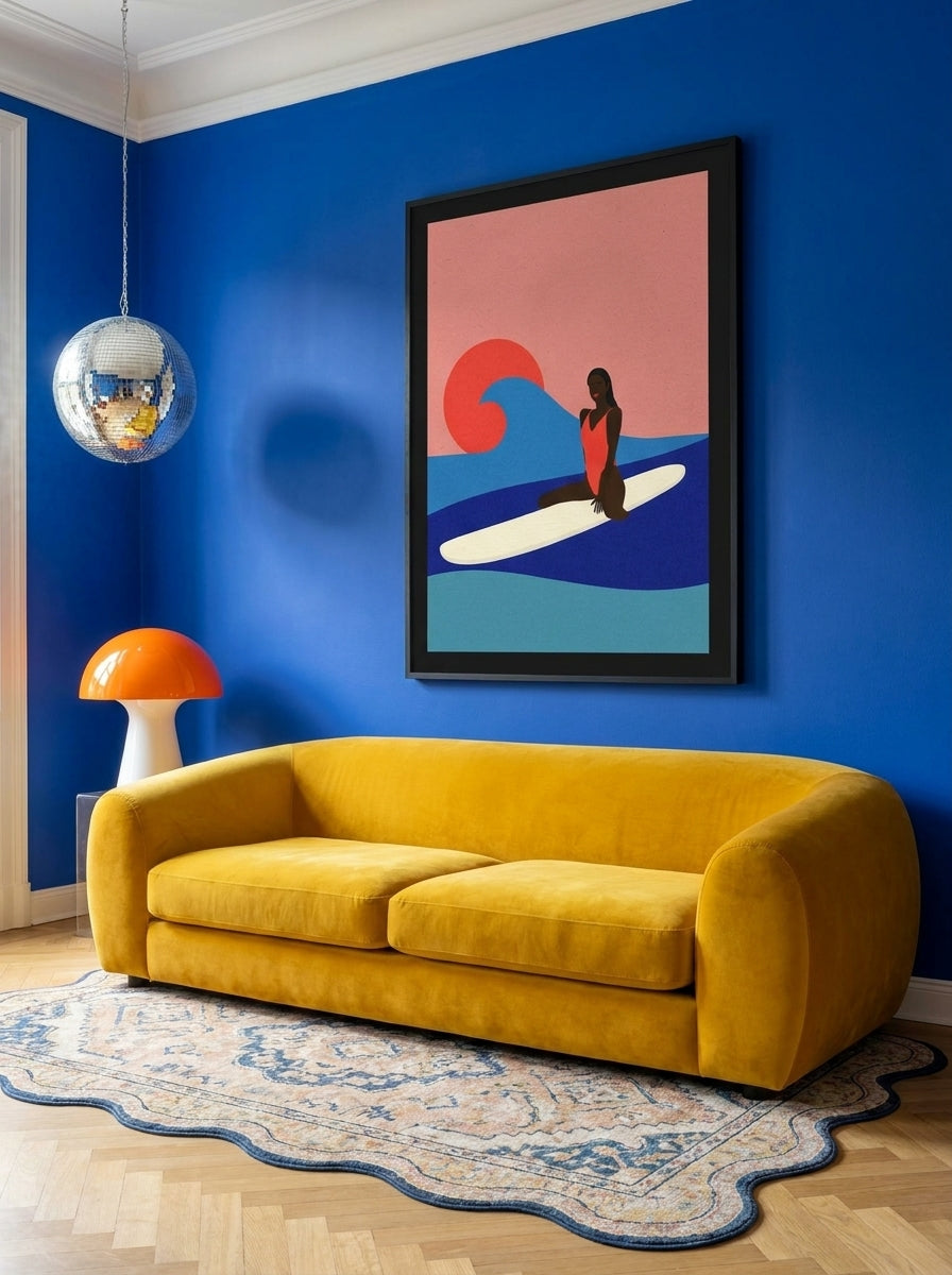 Oversized statement modern wall art print styled on the wall in a colourful eclectic living room