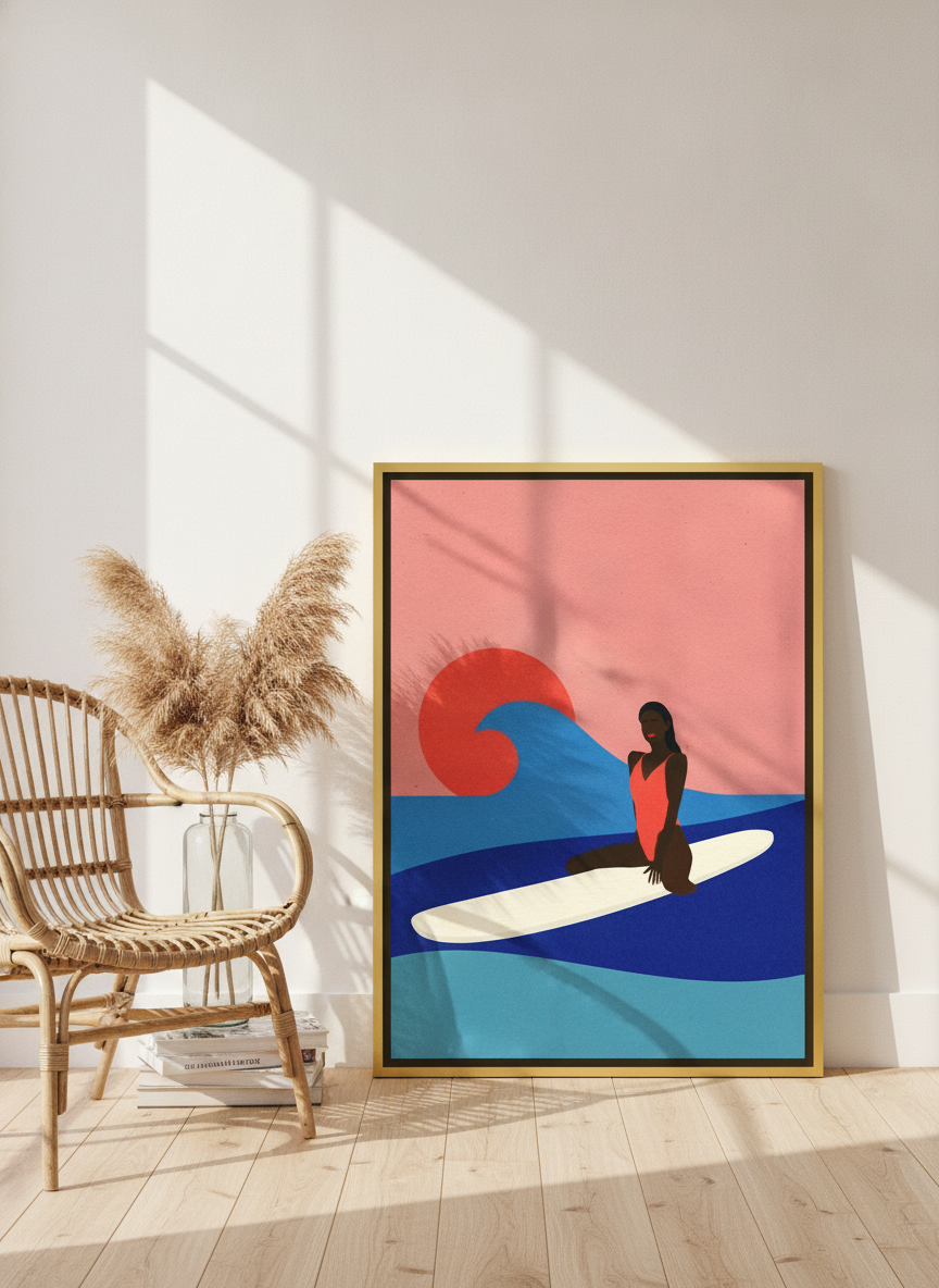 Canvas wall art with a gold leaf surround leaning against the wall in a coastal living room